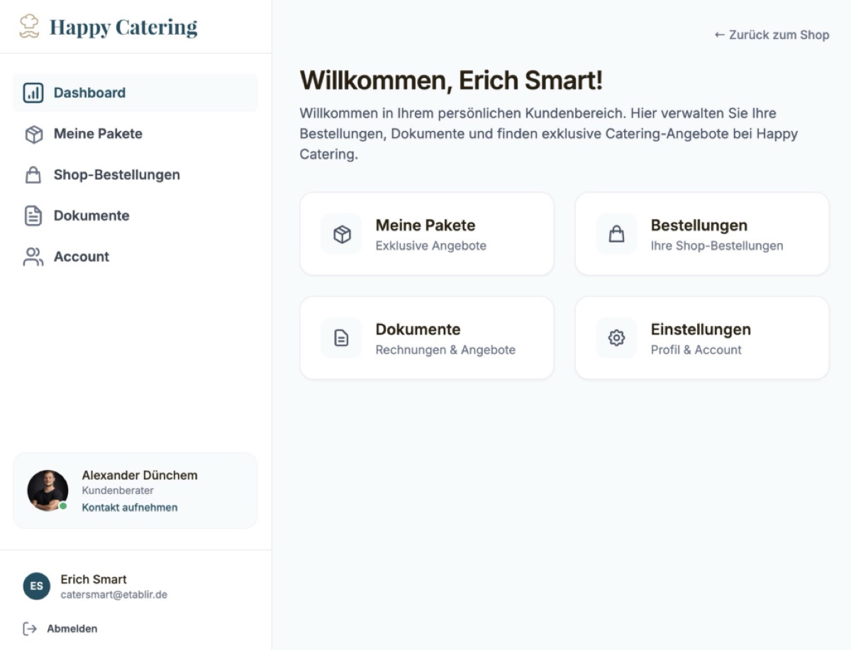 CaterSmart Kundenlogin: Kunde sieht Dokumente, Shop-Pakete und Preise im eigenen Konto