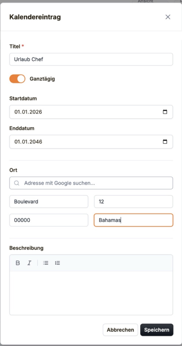 Manueller Kalendereintrag im CaterSmart-Kalender