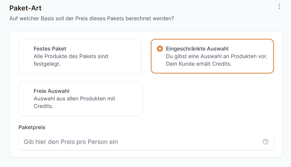 Catering-Konfigurator: Auswahl der bestellbaren Produkte und Pakete