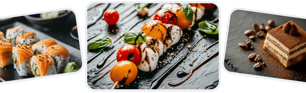 Drei mit KI erzeugte Produktfotos: Sushi, Caprese-Spieß und Tiramisu