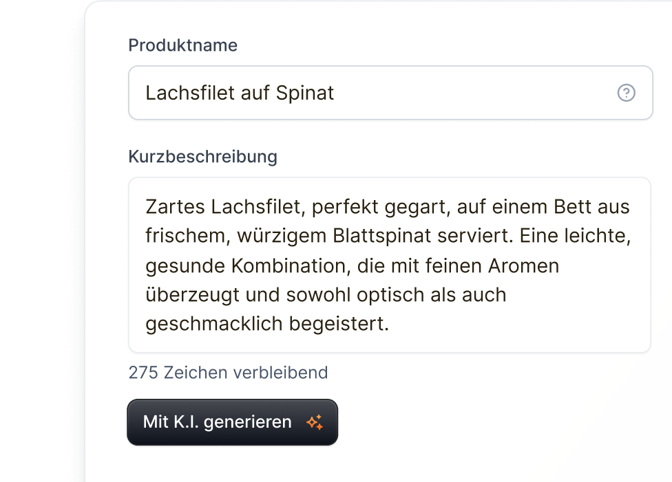 Produktformular in CaterSmart mit KI-generierter Kurzbeschreibung