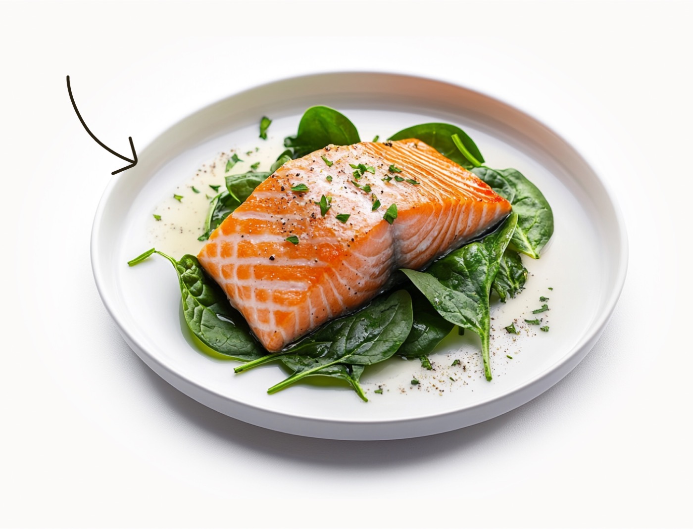 Mit KI erzeugtes Produktfoto: Lachsfilet auf Blattspinat