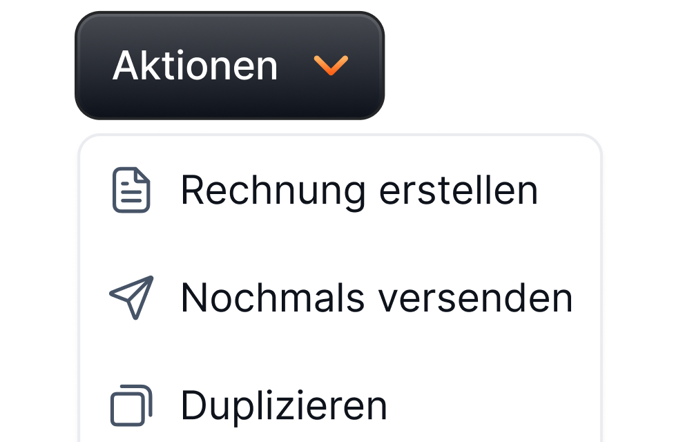 Aktionsmenü mit den Einträgen Rechnung erstellen und Nochmals versenden